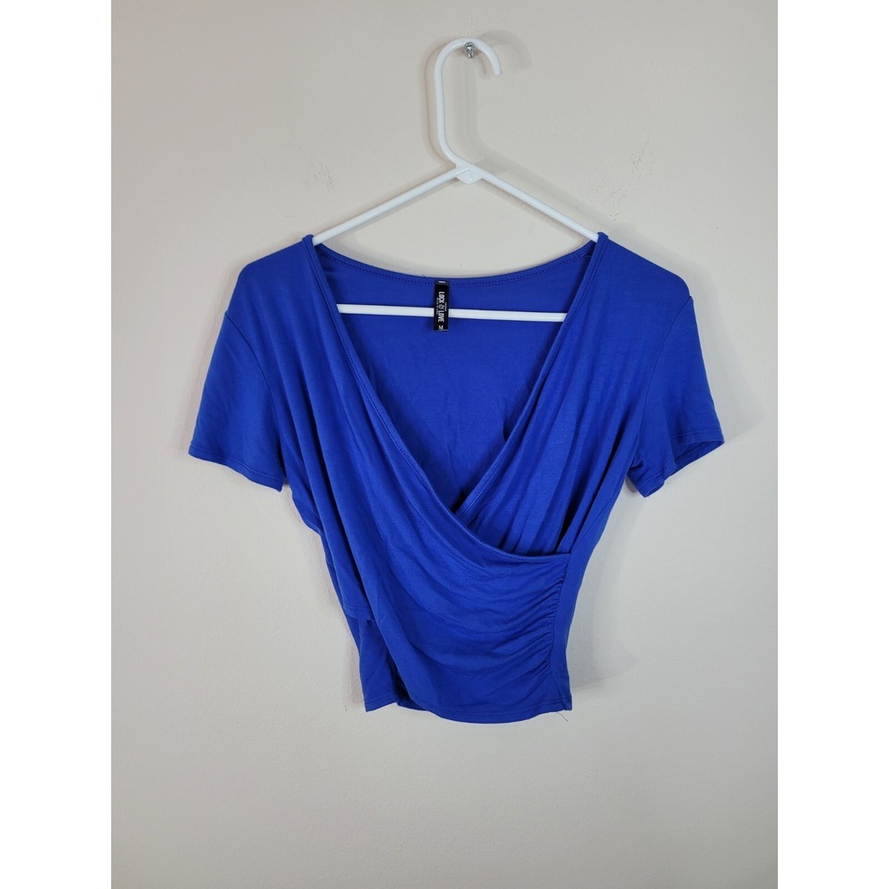 Lock & Love Sexy Short Sleeve Wrap Crop Top Blue Size M